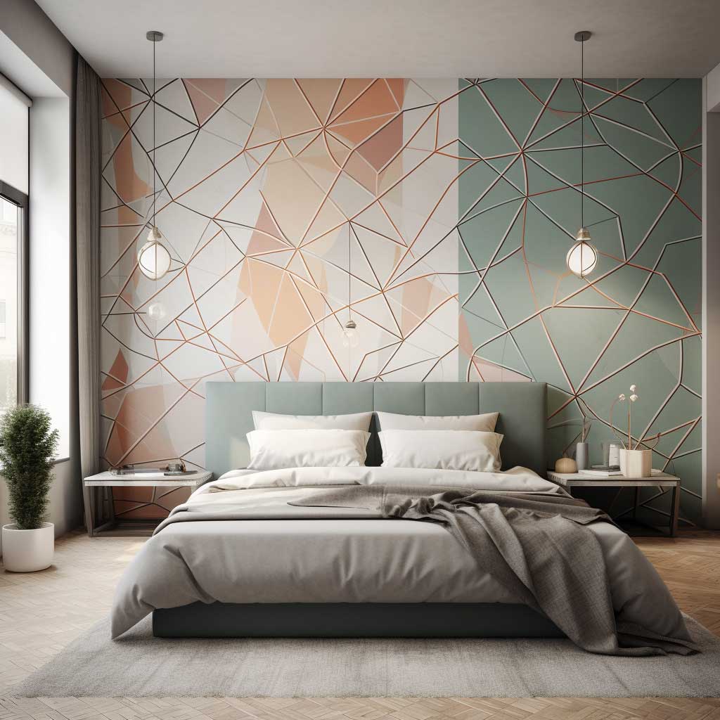 An image of a modern, stylish bedroom featuring a stunning geometric wall design. The design includes a variety of shapes and colors, complemented by minimalist, contemporary furniture.