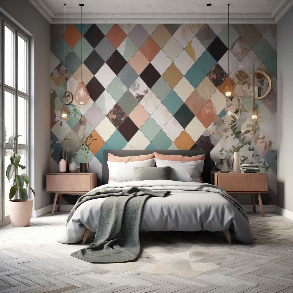 An image of a modern, stylish bedroom featuring a stunning geometric wall design. The design includes a variety of shapes and colors, complemented by minimalist, contemporary furniture.