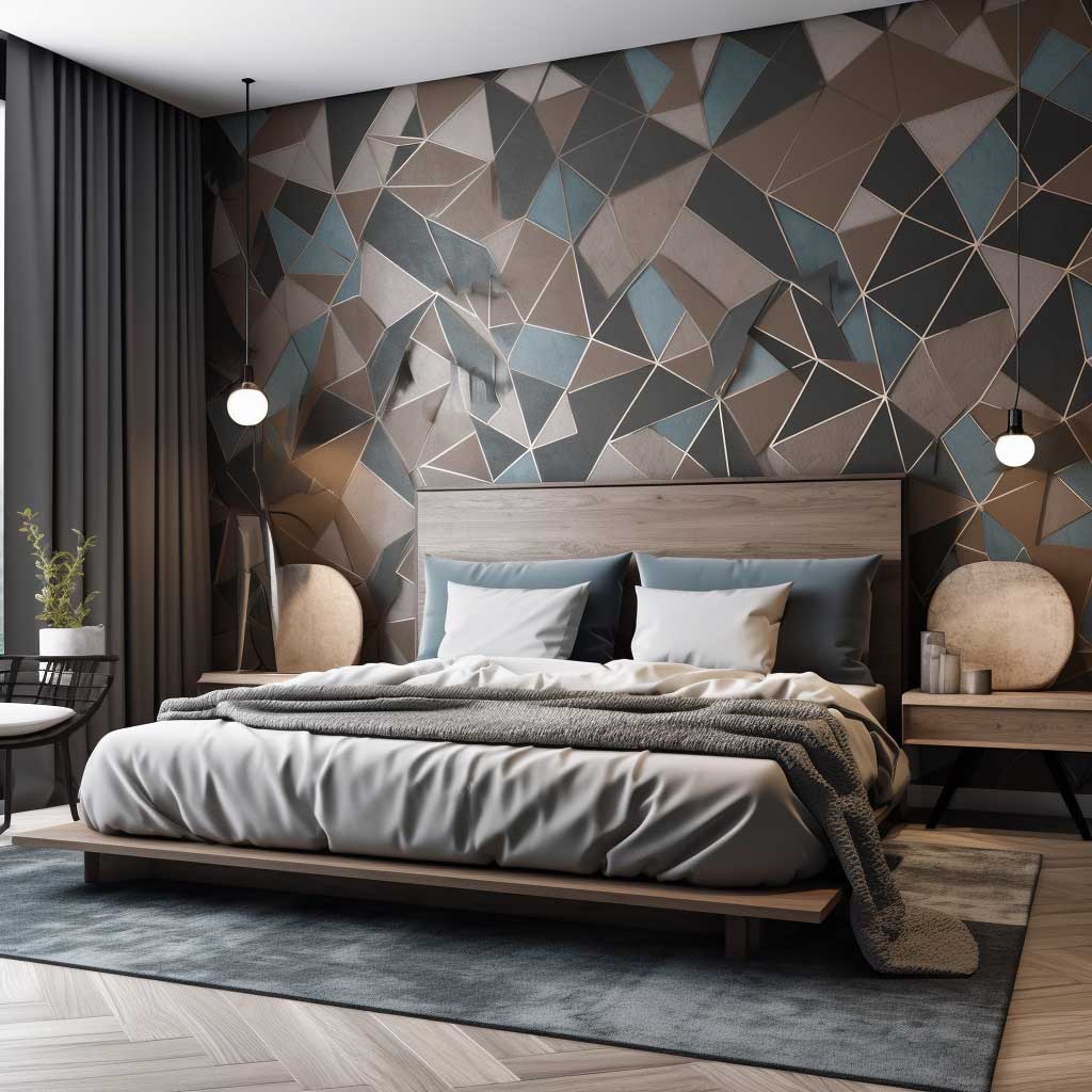An image of a modern, stylish bedroom featuring a stunning geometric wall design. The design includes a variety of shapes and colors, complemented by minimalist, contemporary furniture.