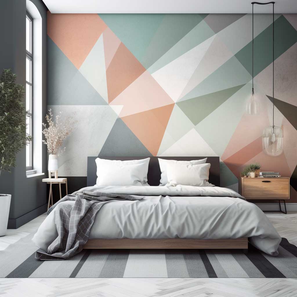 An image of a modern, stylish bedroom featuring a stunning geometric wall design. The design includes a variety of shapes and colors, complemented by minimalist, contemporary furniture.