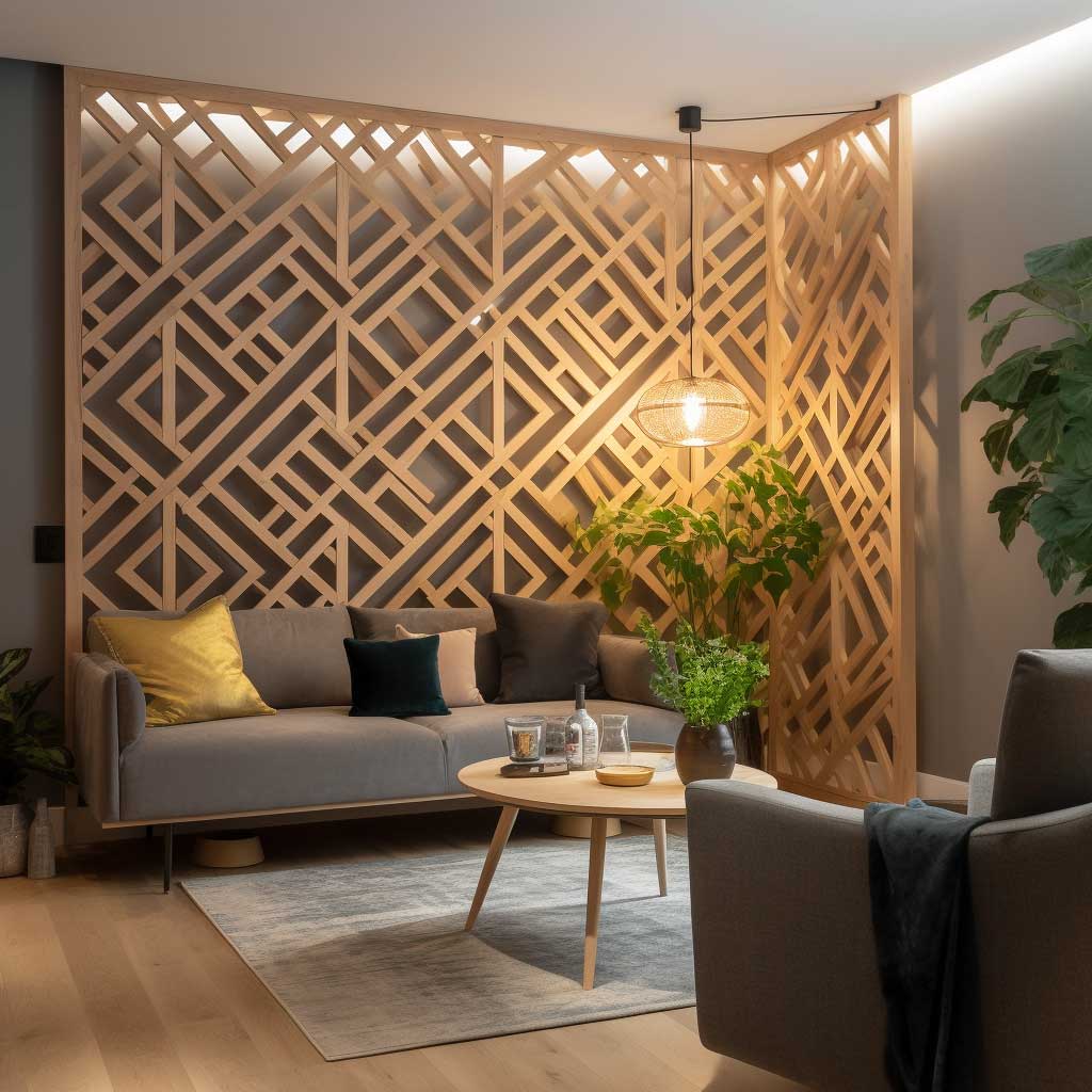 An elegantly designed geometric wall divider made from high-quality wood, standing in a spacious living room with minimalistic décor and soft, warm lighting.