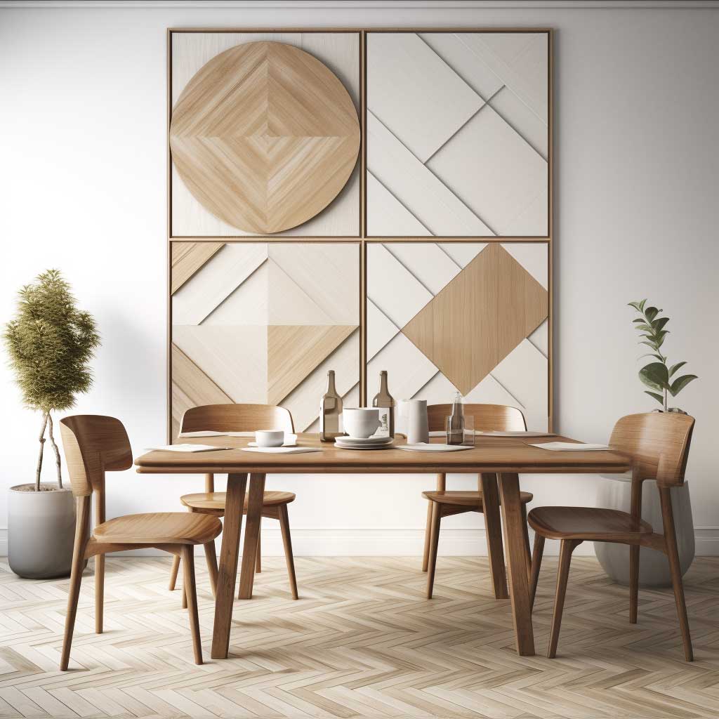 An image of a tranquil dining room featuring a large piece of geometric wood wall art, providing a beautiful contrast to the minimalist white dining table and chairs.