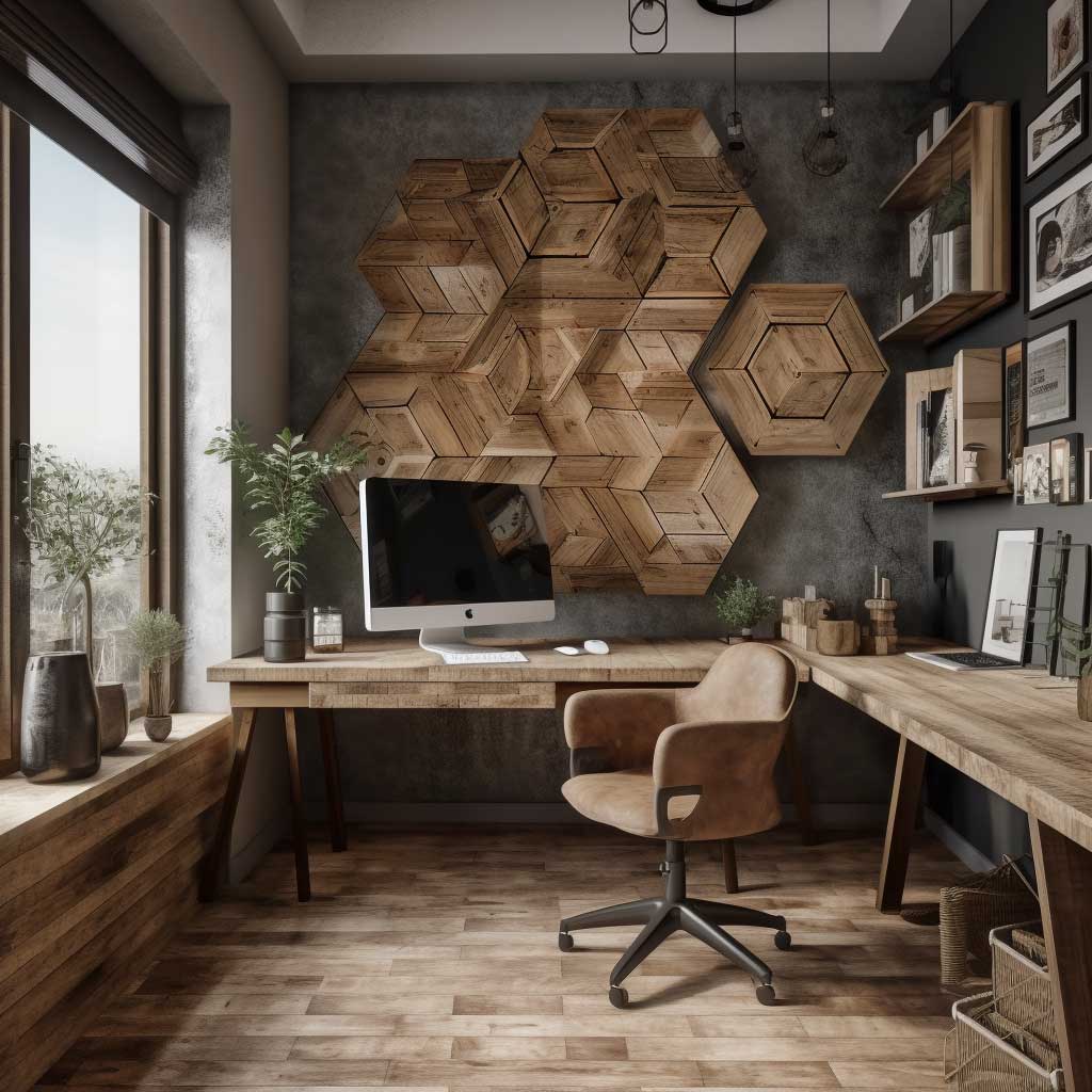 A rustic home office setting highlighted by a piece of geometric wooden wall art, adding a unique and warm element to the space.