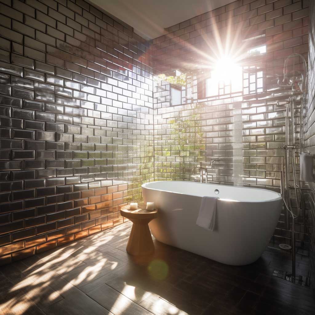 Sunlight streaming through the glass bricks into a modern bathroom interior.