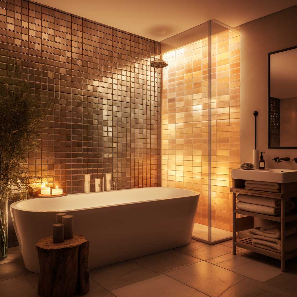 A tranquil bathroom scene with soft lighting diffused through the glass bricks.