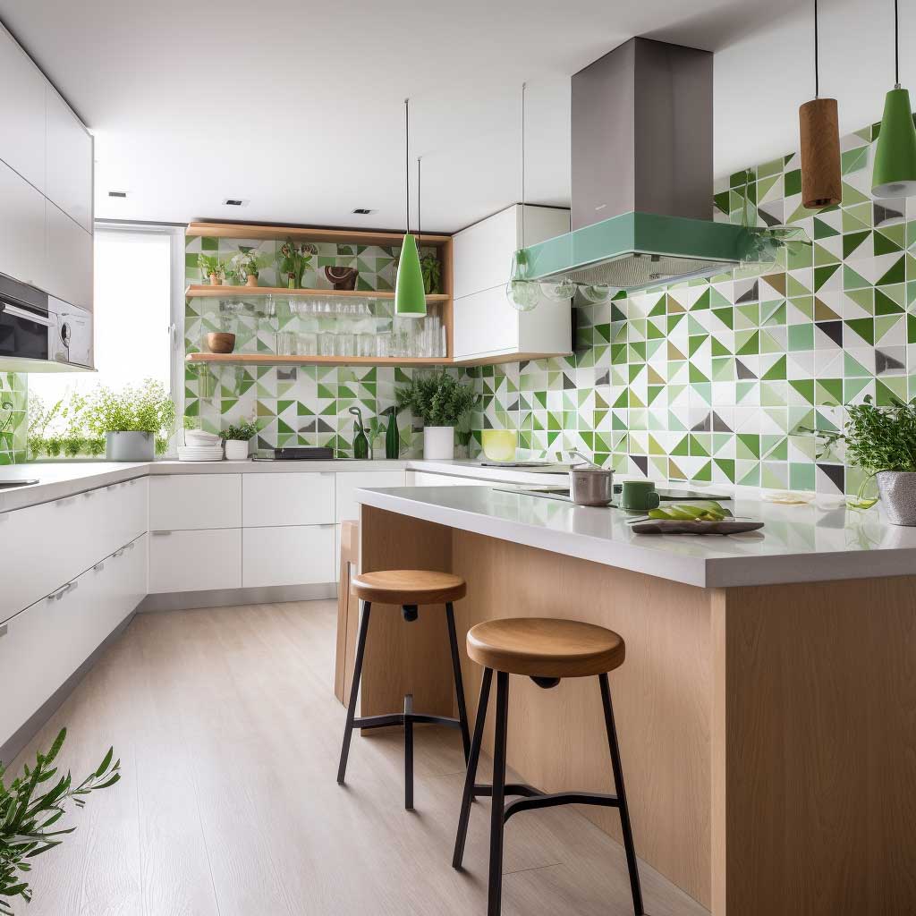 A modern kitchen enhanced with a splash of green geometric tiles, adding a fresh and vibrant appeal to the cooking area.
