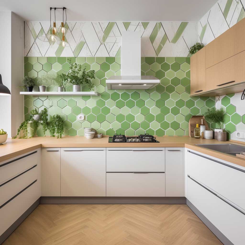 A modern kitchen enhanced with a splash of green geometric tiles, adding a fresh and vibrant appeal to the cooking area.