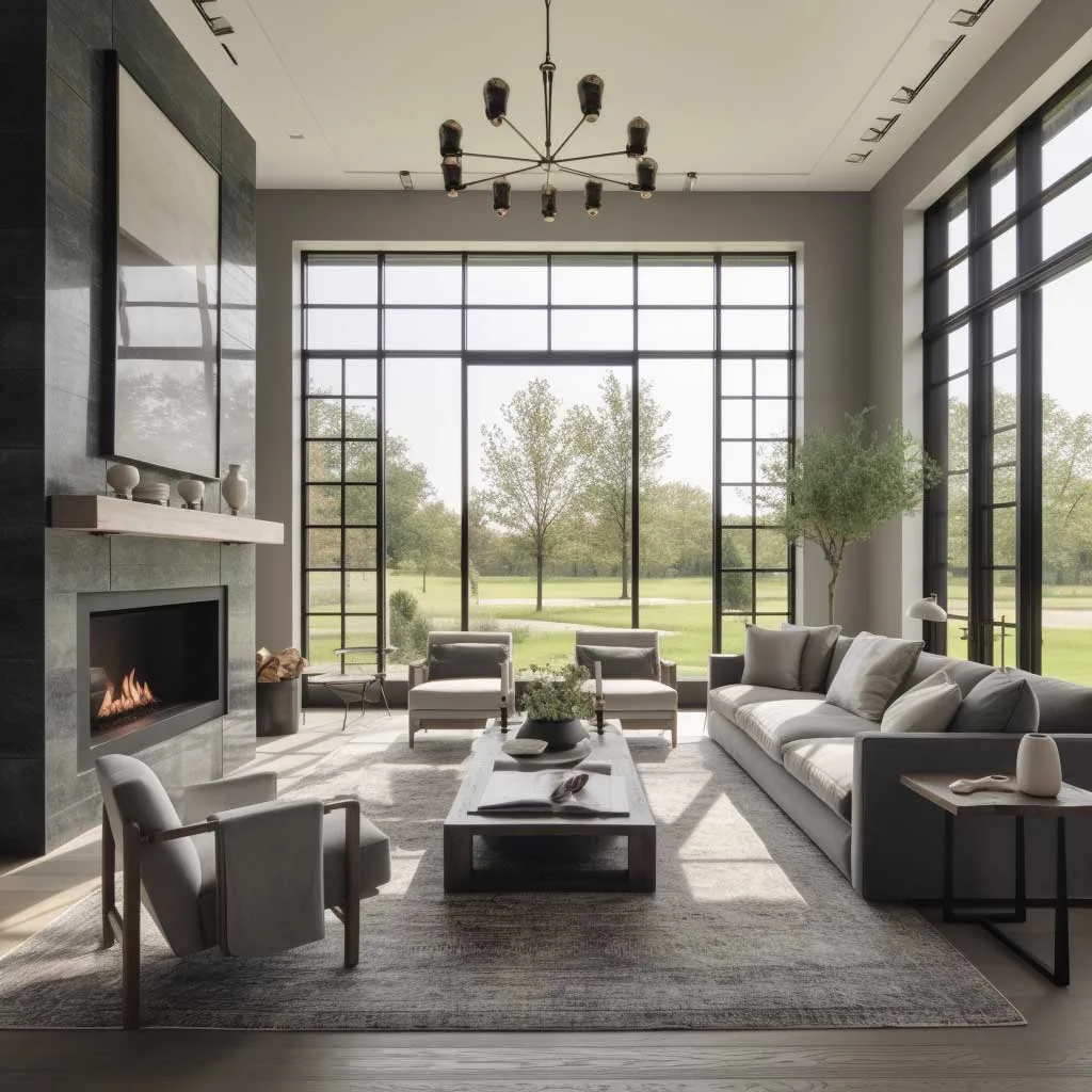 Elegant grey modern farmhouse living room with floor-to-ceiling windows and a statement fireplace