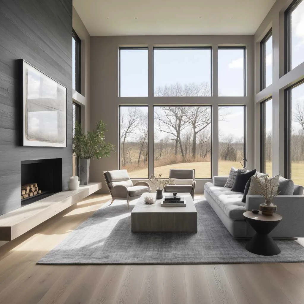 Elegant grey modern farmhouse living room with floor-to-ceiling windows and a statement fireplace