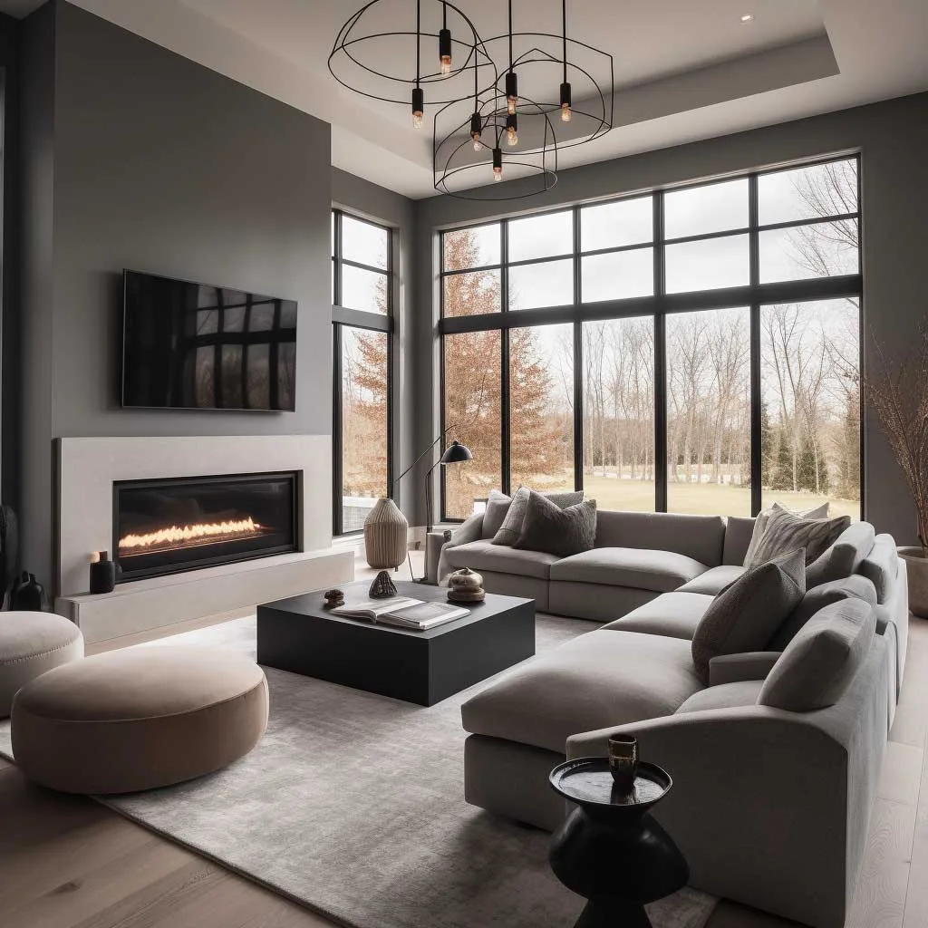 Elegant grey modern farmhouse living room with floor-to-ceiling windows and a statement fireplace