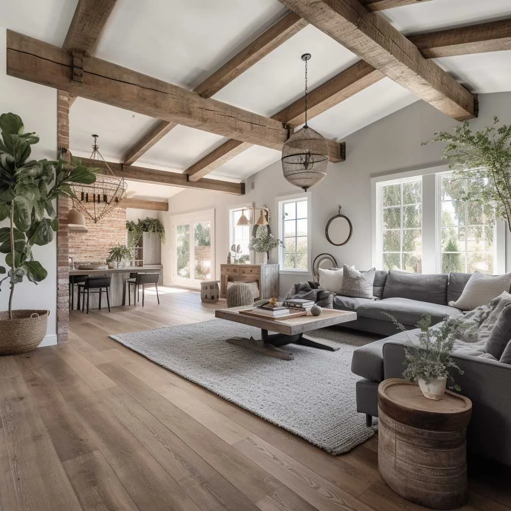 Spacious grey modern farmhouse living room with exposed wooden beams and rustic accents