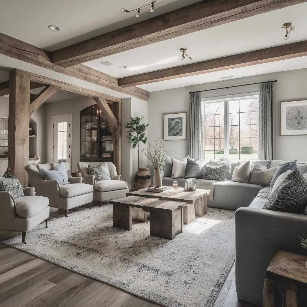 Spacious grey modern farmhouse living room with exposed wooden beams and rustic accents