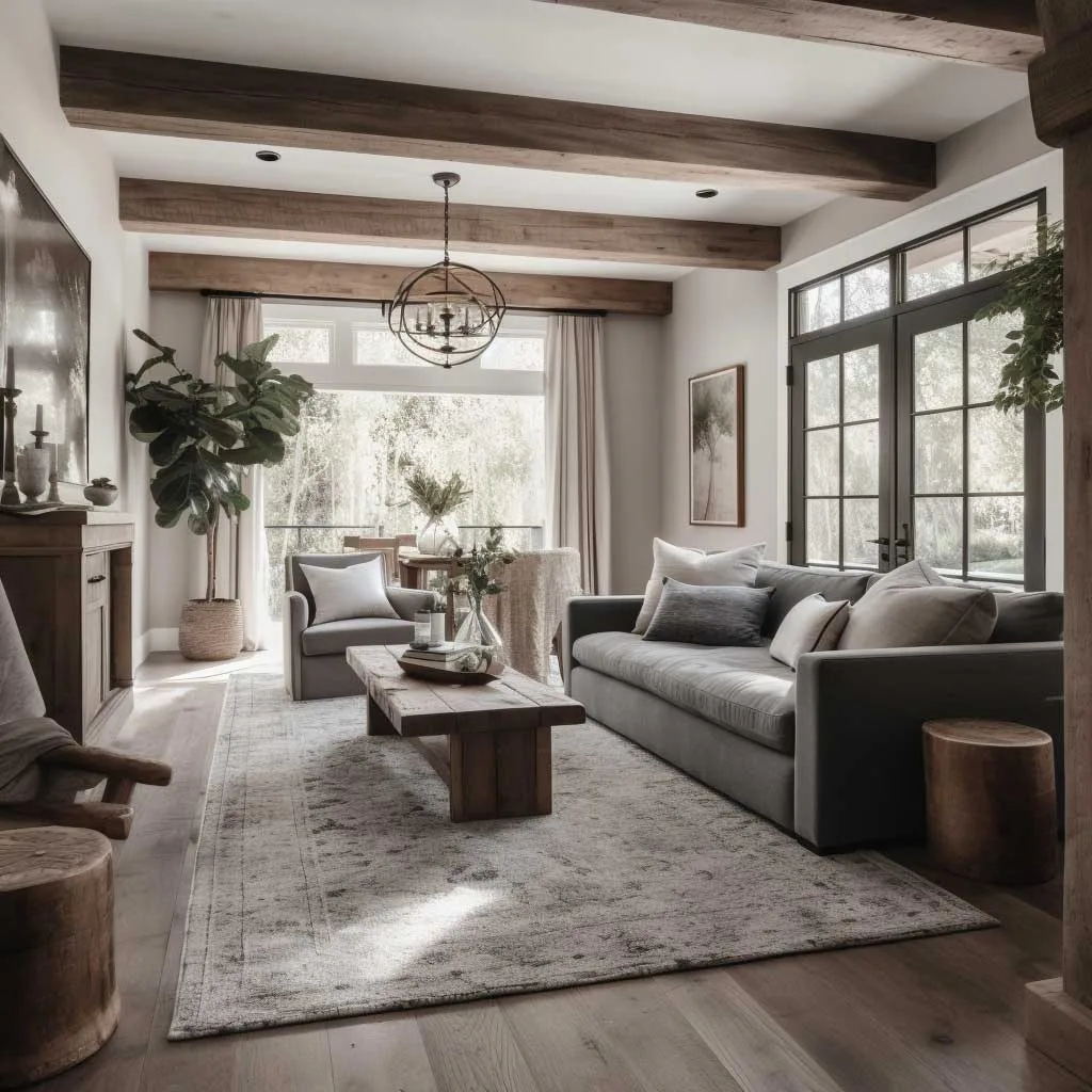 Spacious grey modern farmhouse living room with exposed wooden beams and rustic accents