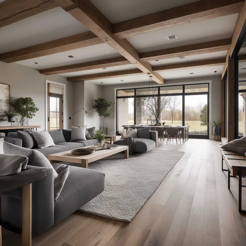 Spacious grey modern farmhouse living room with exposed wooden beams and rustic accents