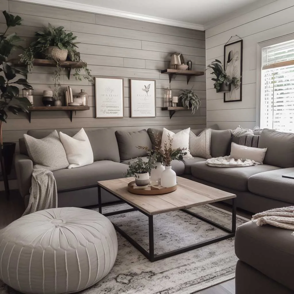 Cozy grey modern farmhouse living room with a shiplap accent wall and plush seating