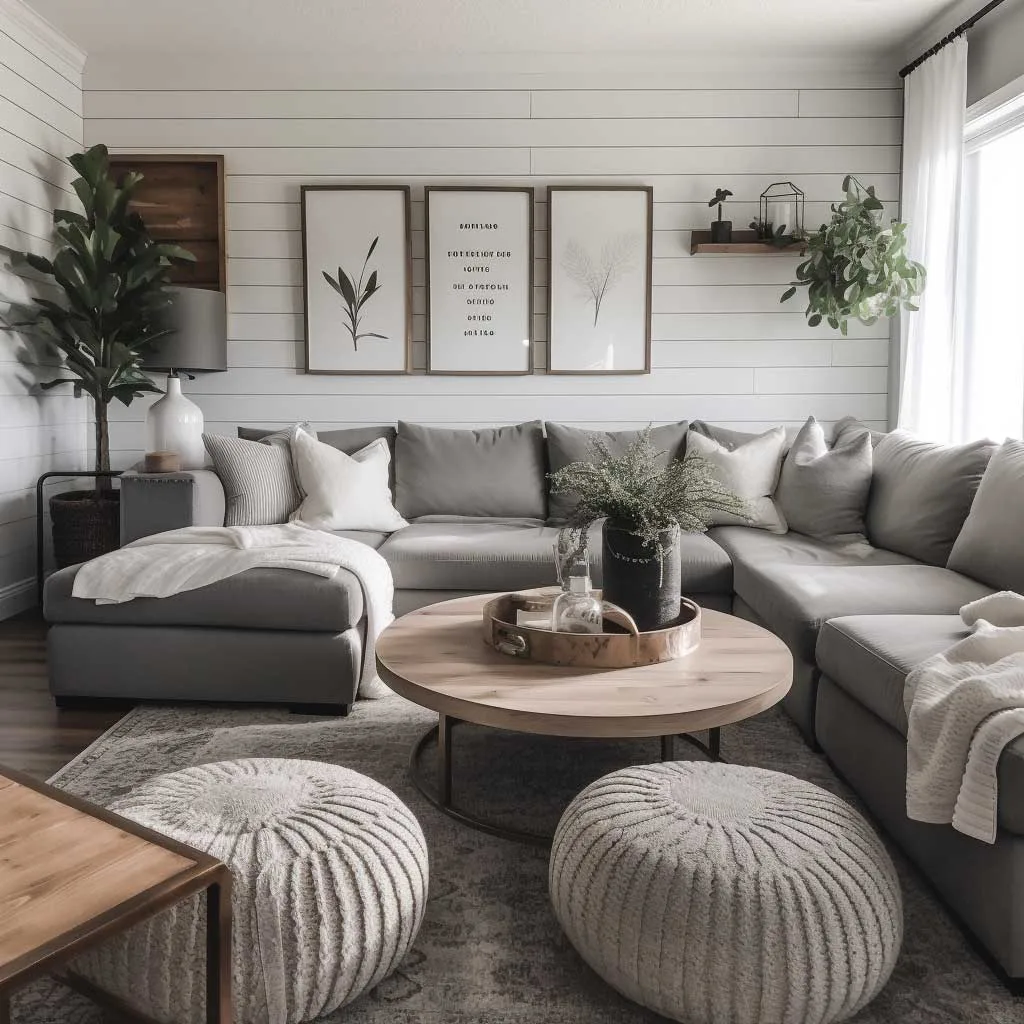 Cozy grey modern farmhouse living room with a shiplap accent wall and plush seating