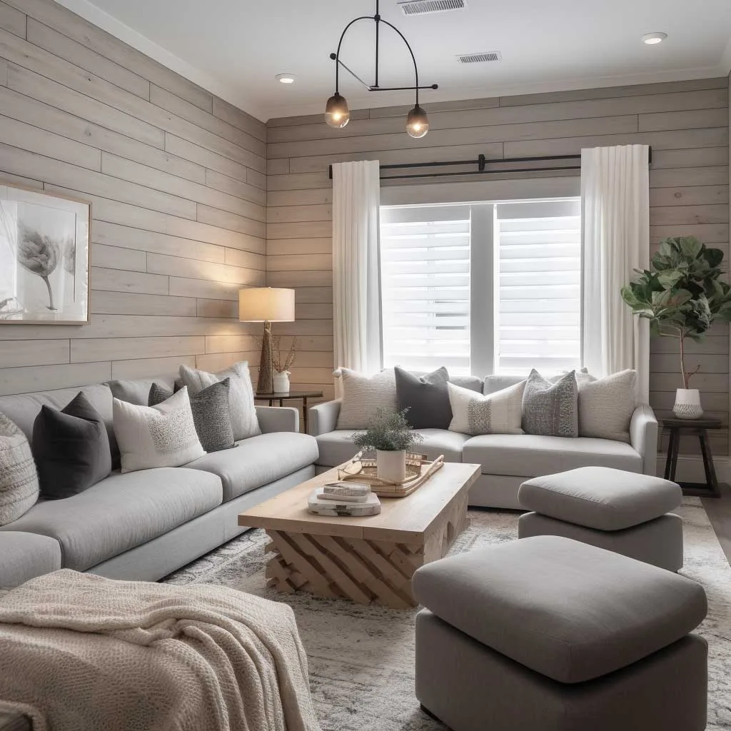 Cozy grey modern farmhouse living room with a shiplap accent wall and plush seating