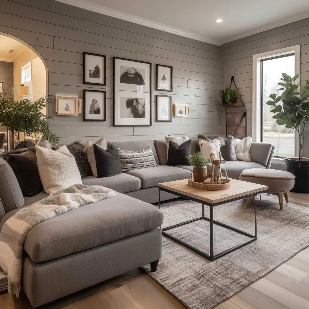 Cozy grey modern farmhouse living room with a shiplap accent wall and plush seating