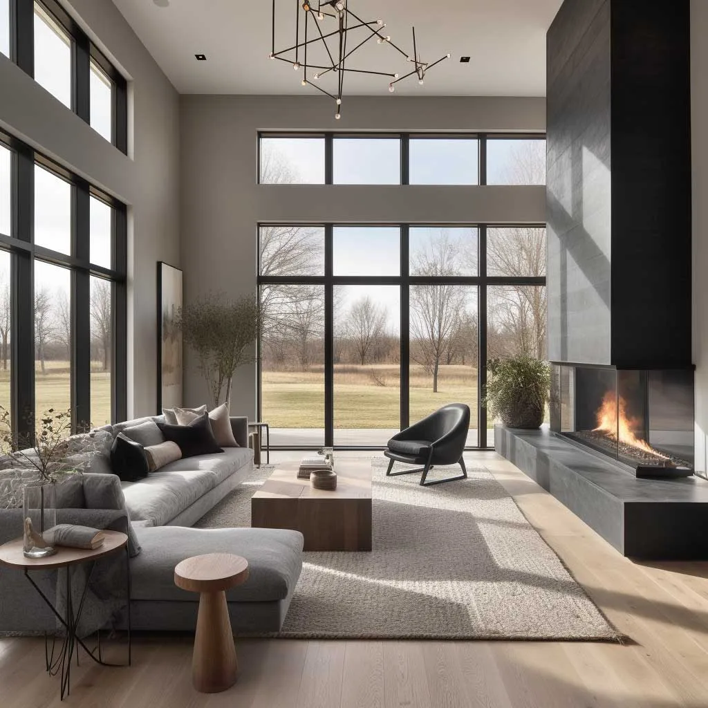 Elegant grey modern farmhouse living room with floor-to-ceiling windows and a statement fireplace