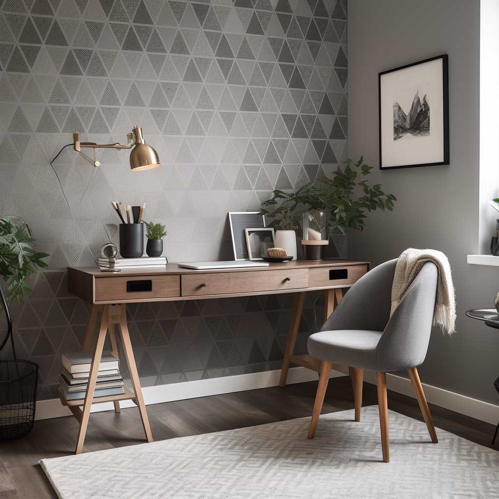Grey Triangle Wallpaper Adds Modern Sophistication to Home Office