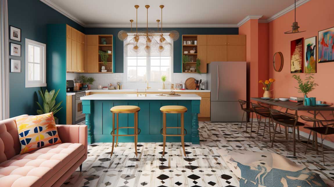 Eclectic and vibrant kitchen living room combo with bold colors and unique accents