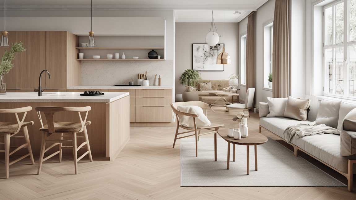 Scandinavian-inspired kitchen living room combo with neutral tones and natural elements