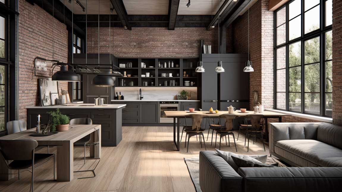 Modern industrial kitchen living room combo with exposed brick and sleek finishes