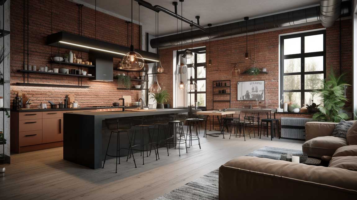 Modern industrial kitchen living room combo with exposed brick and sleek finishes