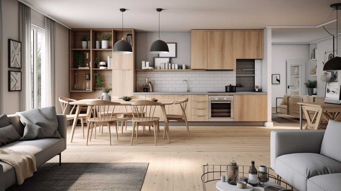 Scandinavian-inspired kitchen living room combo with clean lines and minimalistic design