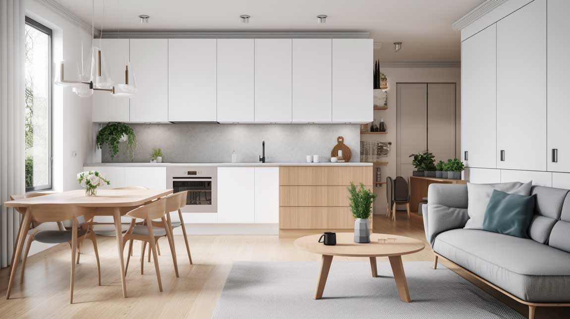 Scandinavian-inspired kitchen living room combo with clean lines and minimalistic design