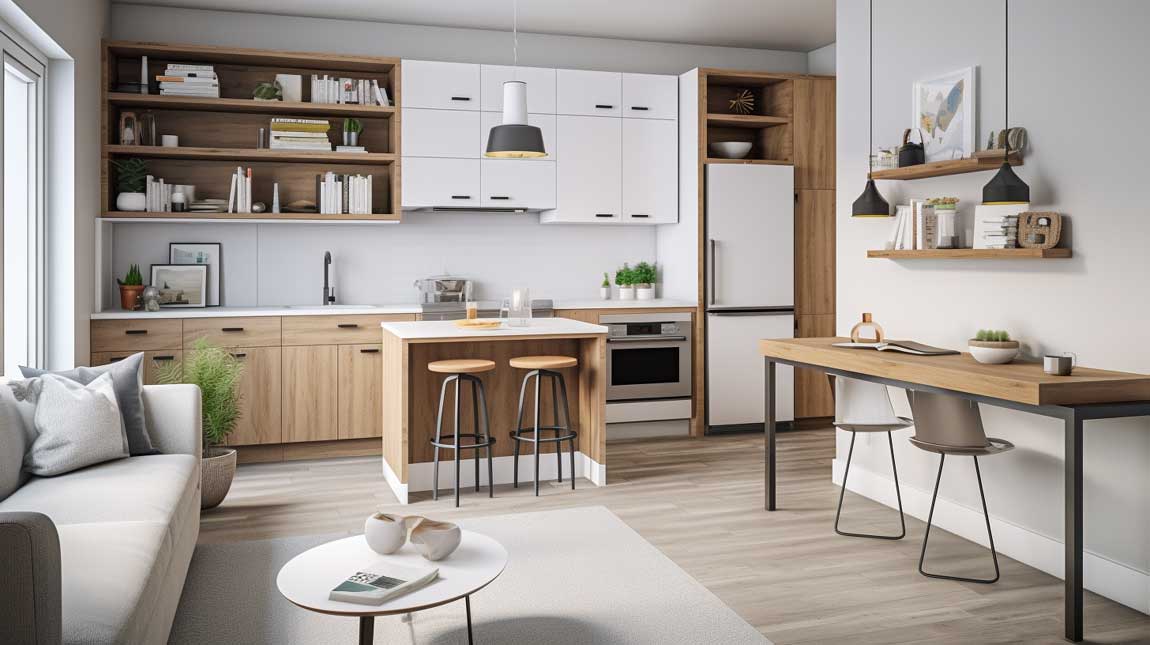 Small space kitchen living room combo with a functional layout and plenty of storage