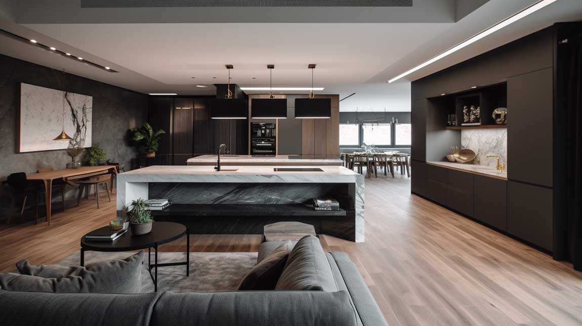 Spacious open-plan kitchen living room combo with a large island and cozy seating area