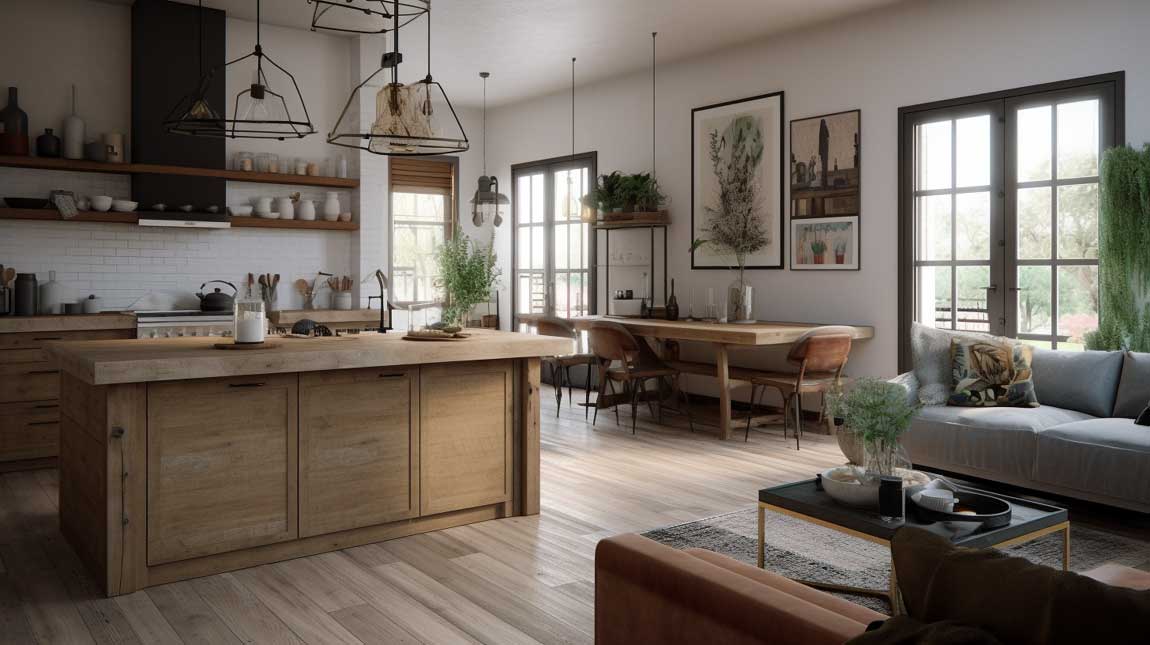 Warm and inviting kitchen living room combo with a rustic farmhouse design