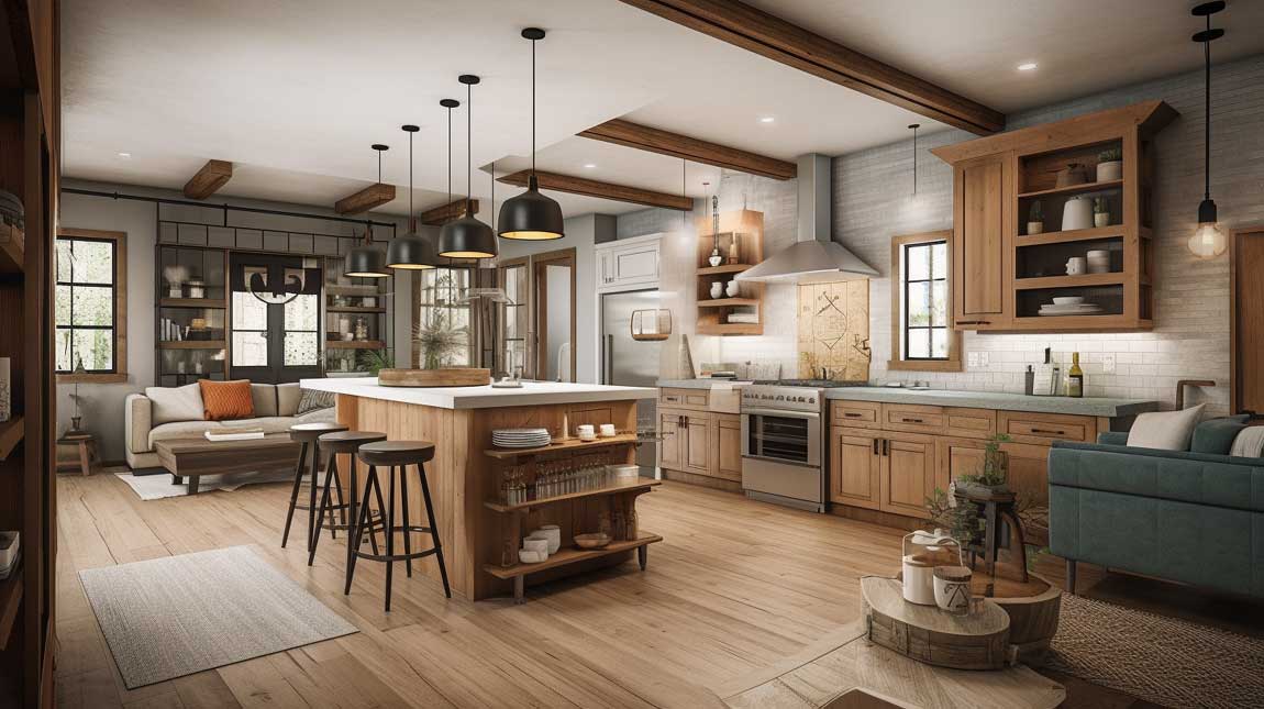 Warm and inviting kitchen living room combo with a rustic farmhouse design