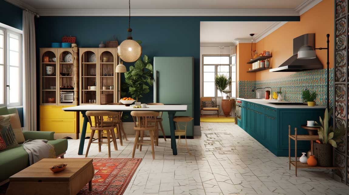 Eclectic and vibrant kitchen living room combo with bold colors and unique accents