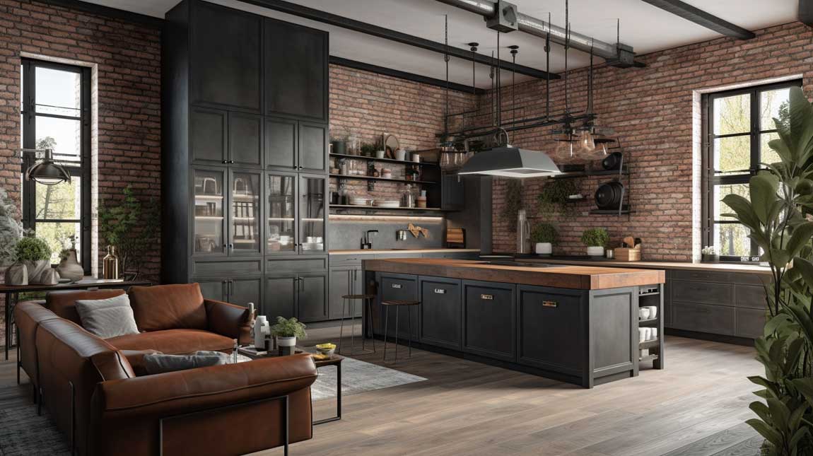 Industrial-style kitchen living room combo with exposed brick and metal accents
