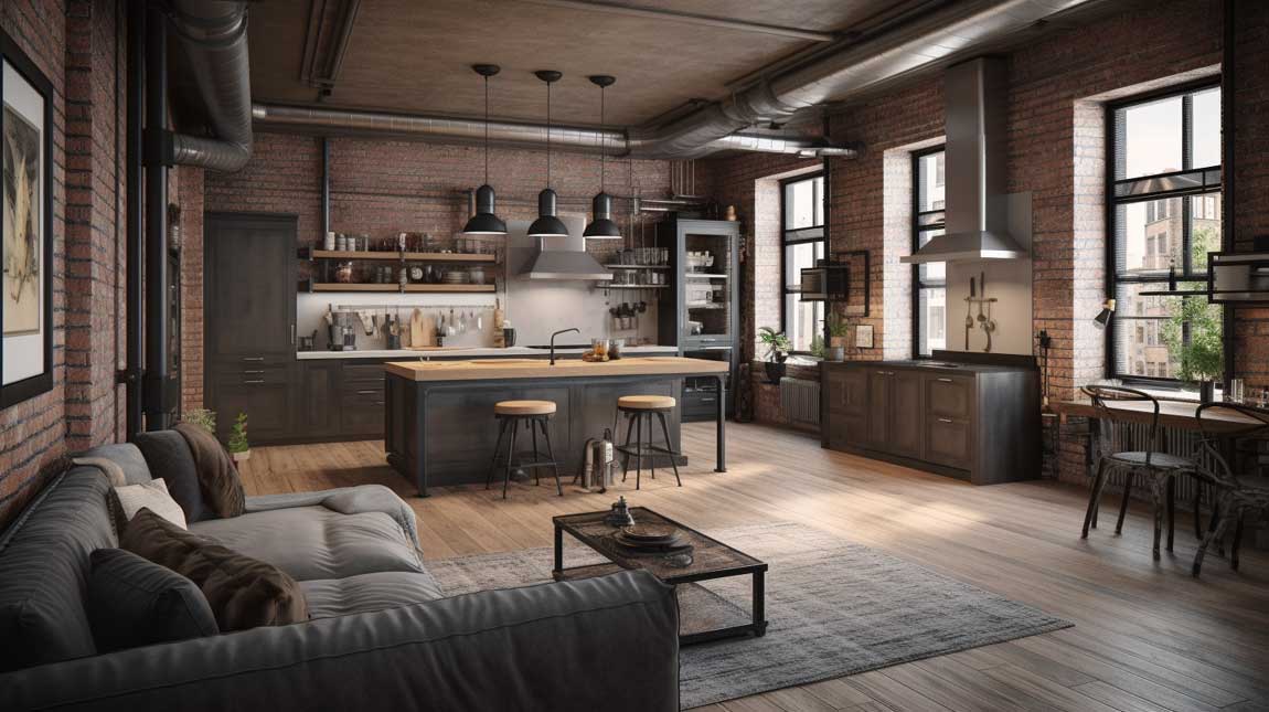 Industrial-style kitchen living room combo with exposed brick and metal accents