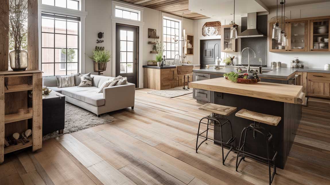 Rustic-chic kitchen living room combo with reclaimed wood and farmhouse charm