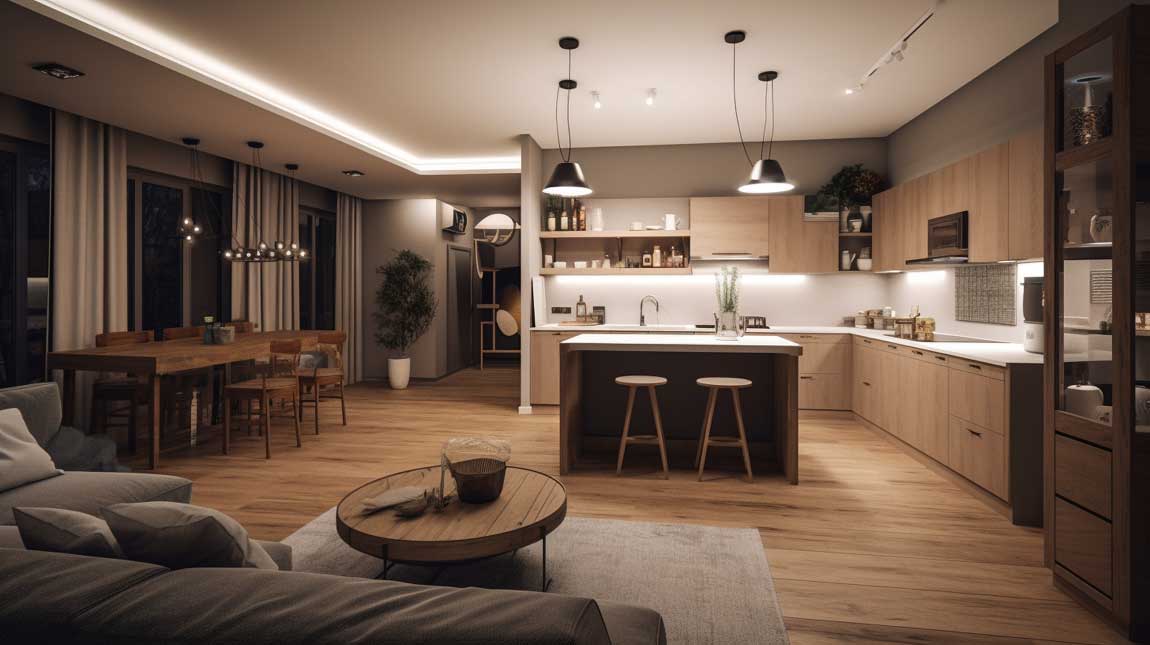 Cozy and inviting kitchen living room combo with a traditional design