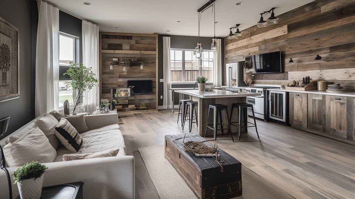 Rustic-chic kitchen living room combo with reclaimed wood and farmhouse charm