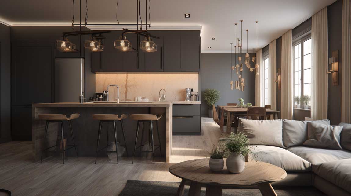 Cozy and inviting kitchen living room combo with a traditional design