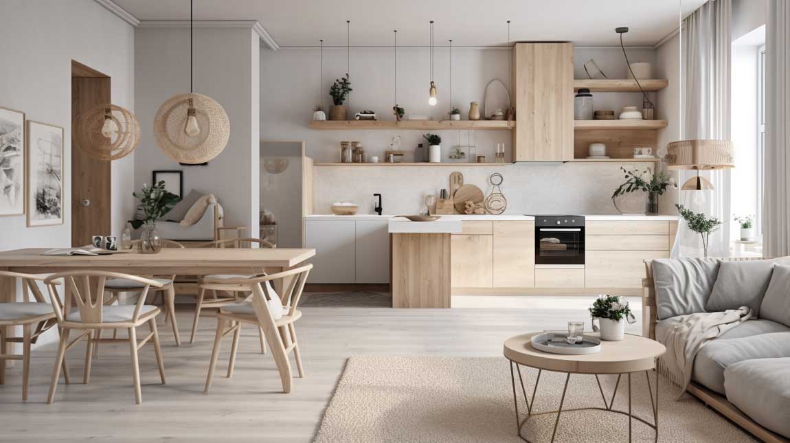 Scandinavian-inspired kitchen living room combo with neutral tones and natural elements