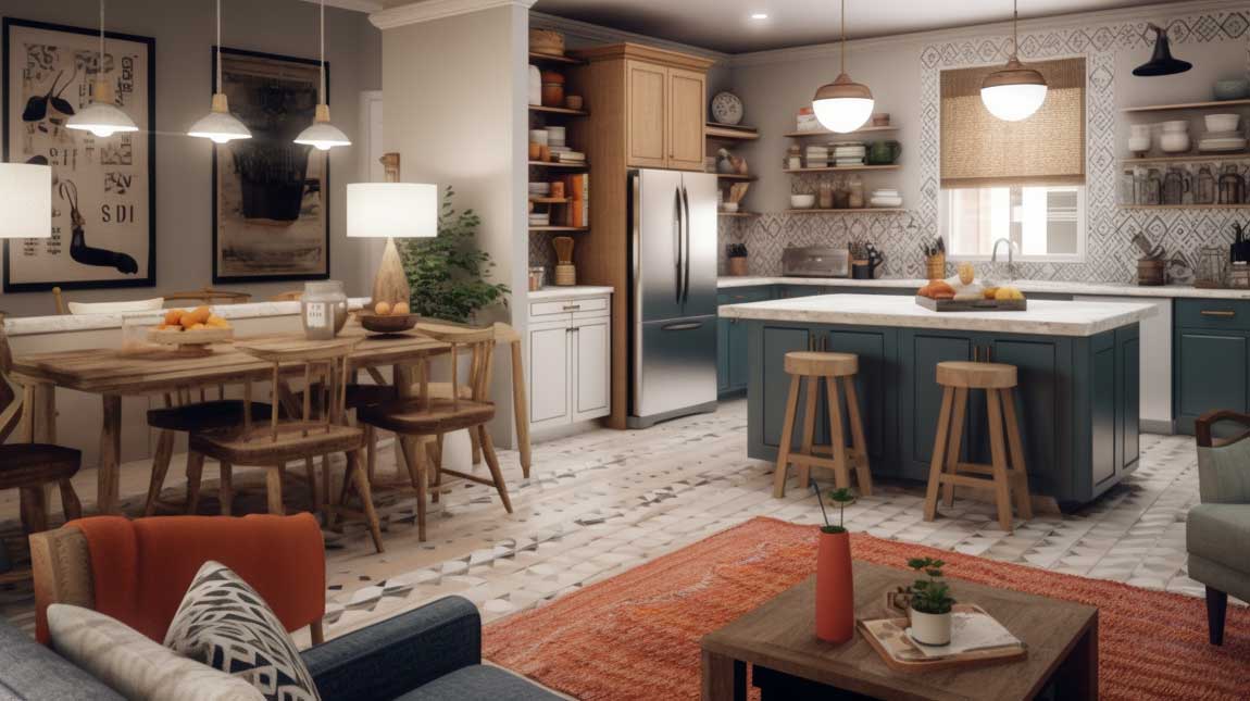 Eclectic and playful kitchen living room combo with a mix of textures and patterns