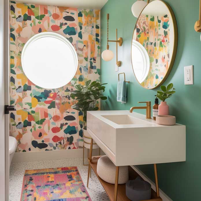 Bright mid-century bathroom design with colorful wallpaper and a round mirror
