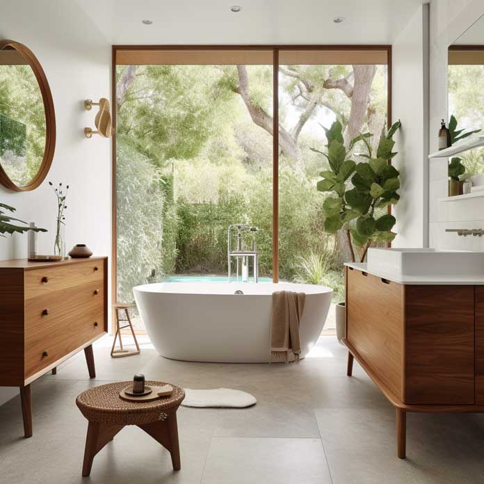 Elegant mid-century bathroom design with a freestanding bathtub and wooden accents