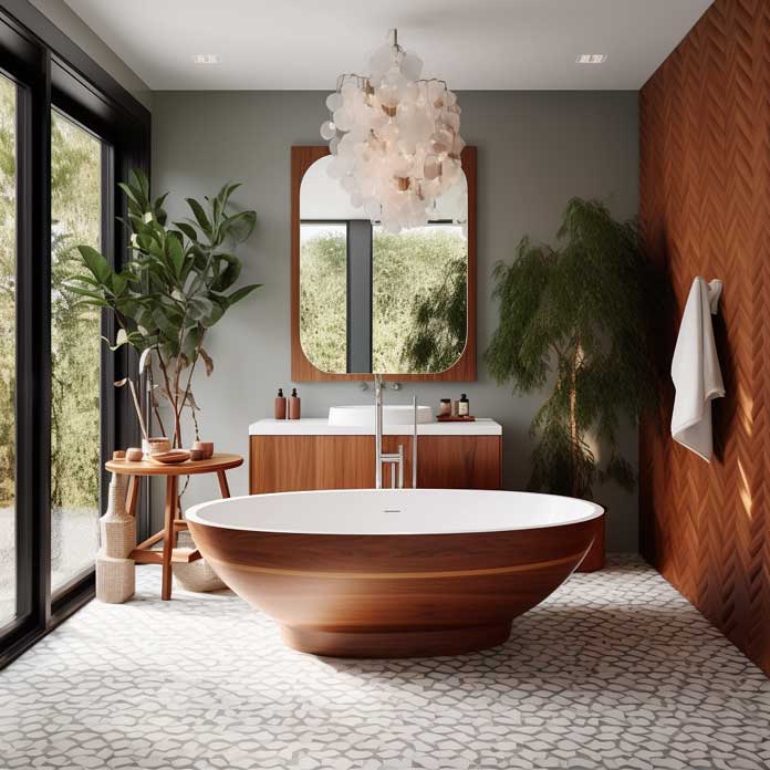 Elegant mid-century bathroom design with a freestanding bathtub and wooden accents