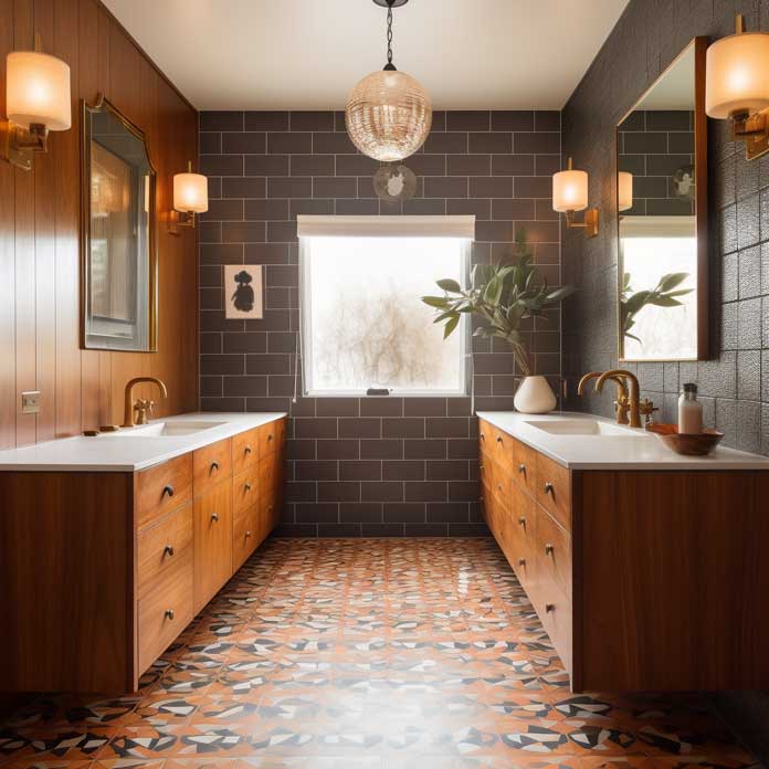 Inviting mid-century bathroom design with a patterned tile accent wall and vintage-inspired lighting