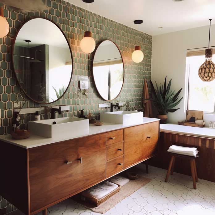 Inviting mid-century bathroom design with a patterned tile accent wall and vintage-inspired lighting