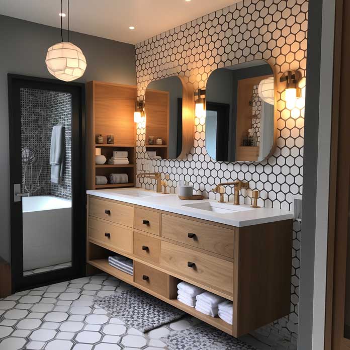 Inviting mid-century bathroom design with a patterned tile accent wall and vintage-inspired lighting