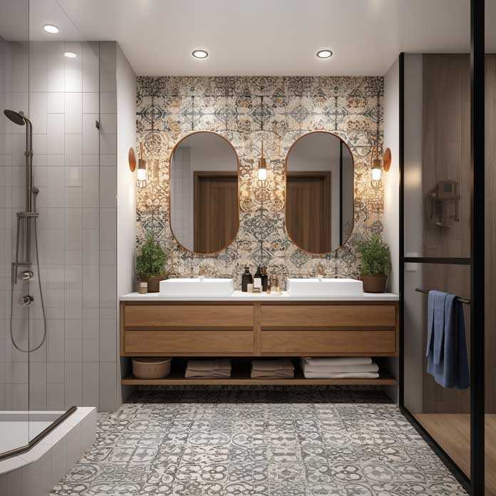Inviting mid-century bathroom design with a patterned tile accent wall and vintage-inspired lighting